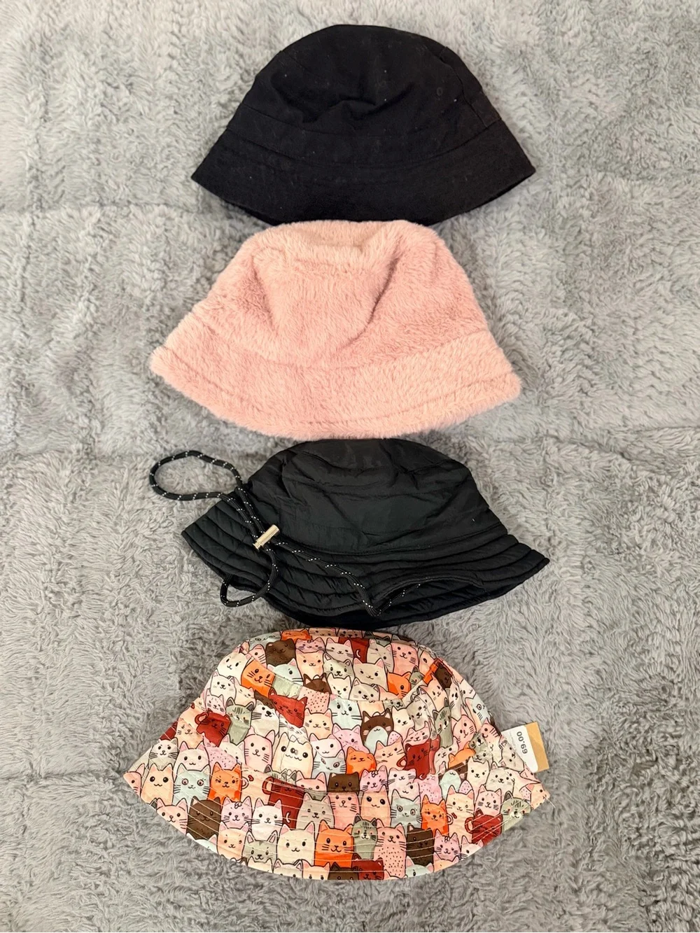 Set of 4 Bucket Hats - Black, Pink, Printed Cat